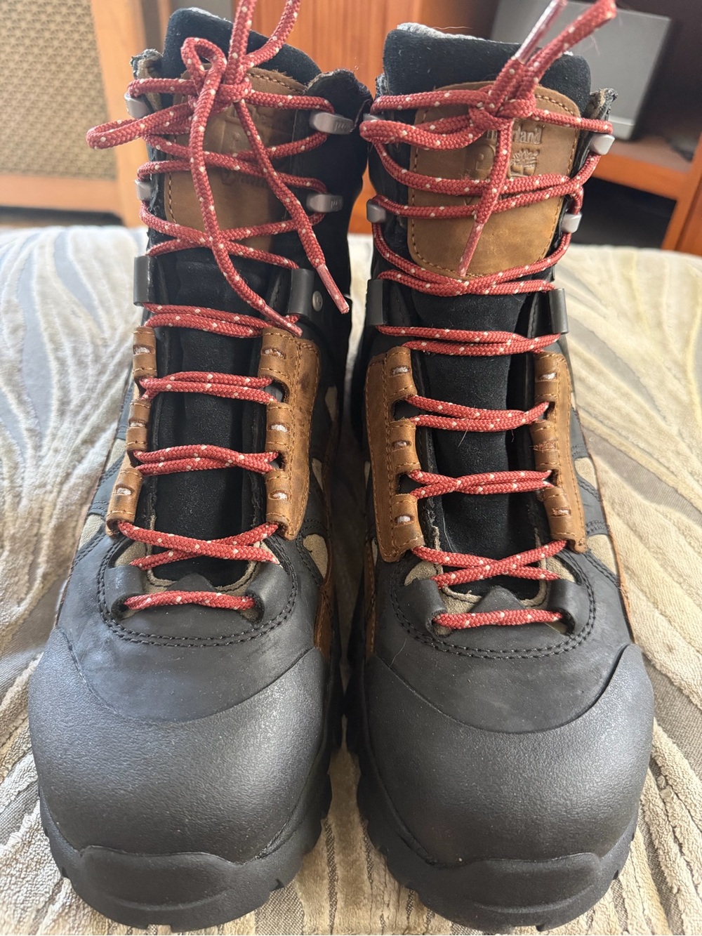 Timberland Brown and Black Work Boots with Red Lace Accents 13w